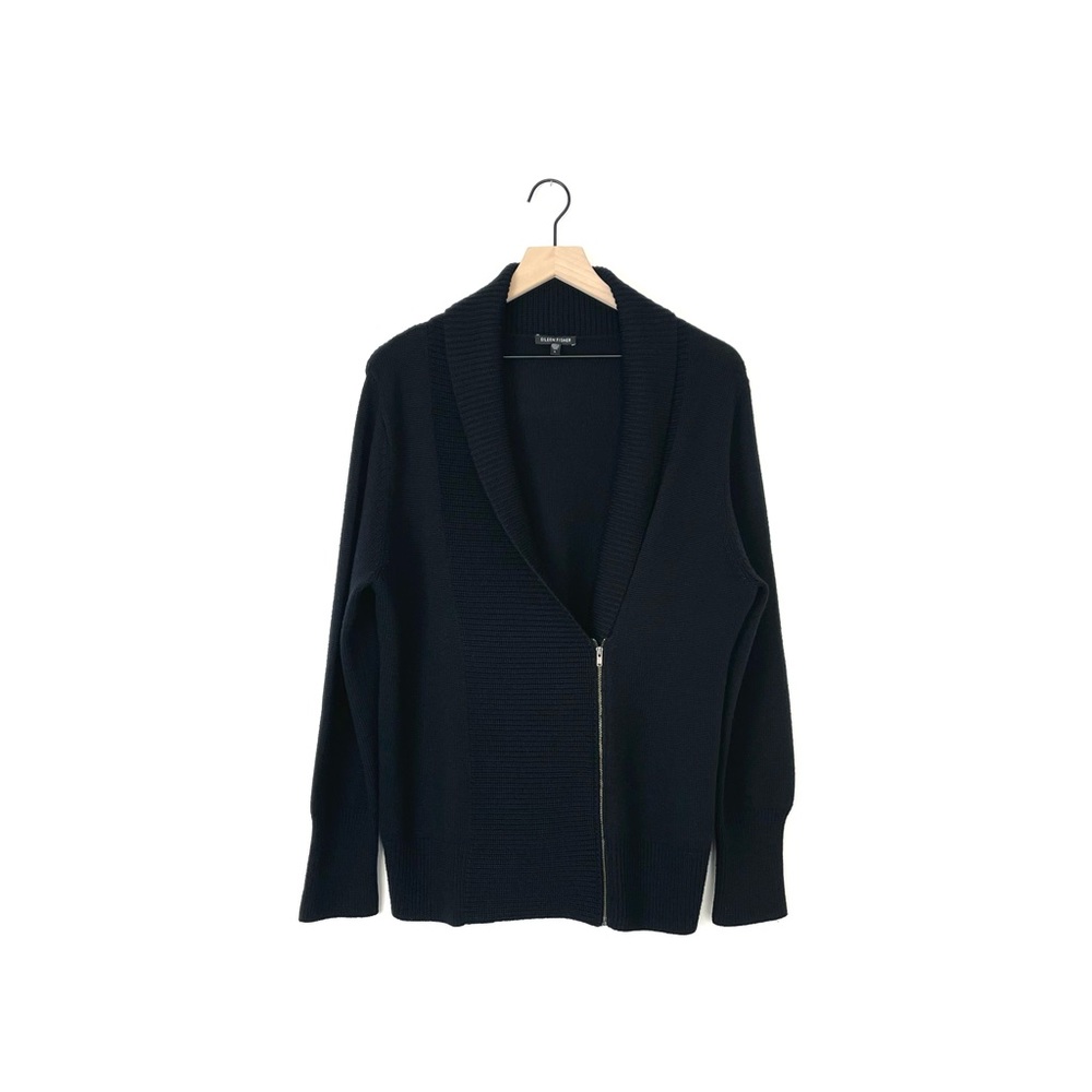 Eileen Fisher merino wool zip up sweater in black size L